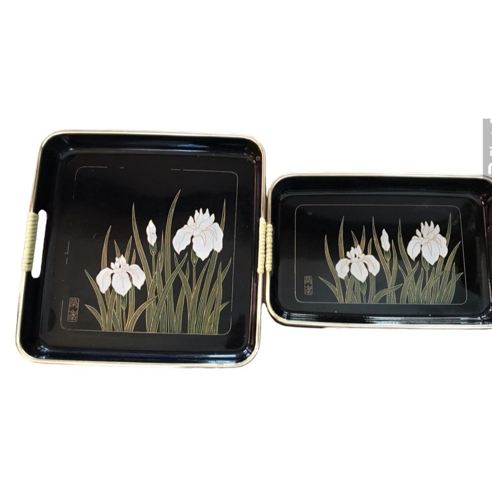Vtg Japanese Black Lacquer Ware Serving Trays Nesting Set of 2 Silver Gold Trim